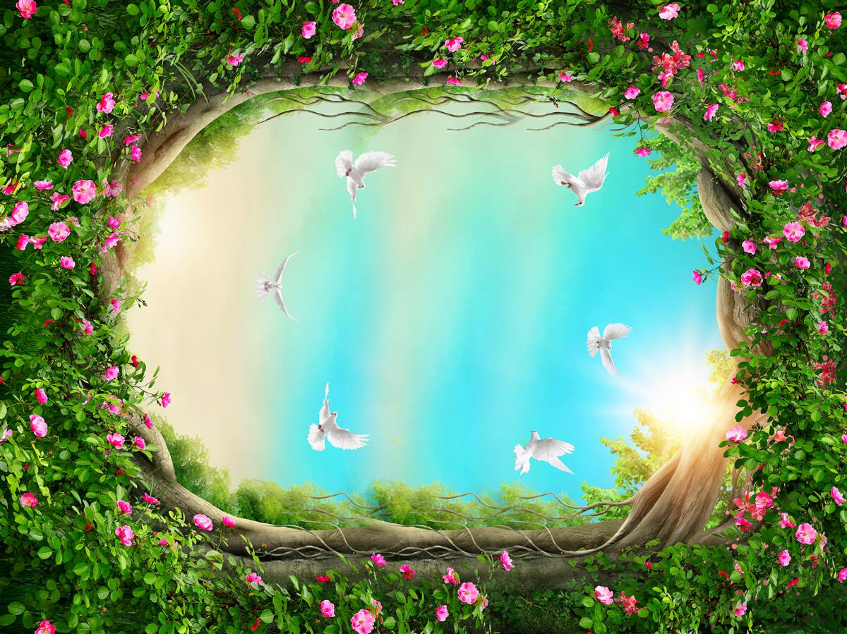 Fotobehang in een groene omlijsting van bloemen glijden duiven door de lucht