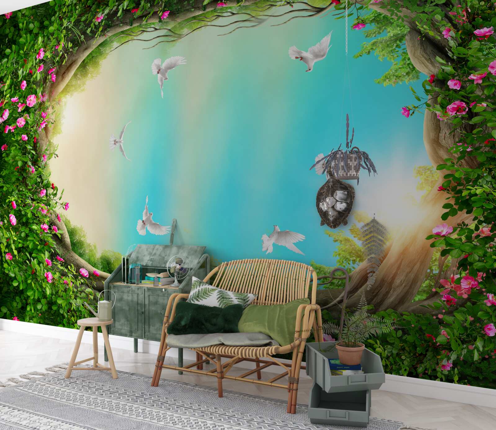 Fotobehang in een groene omlijsting van bloemen glijden duiven door de lucht