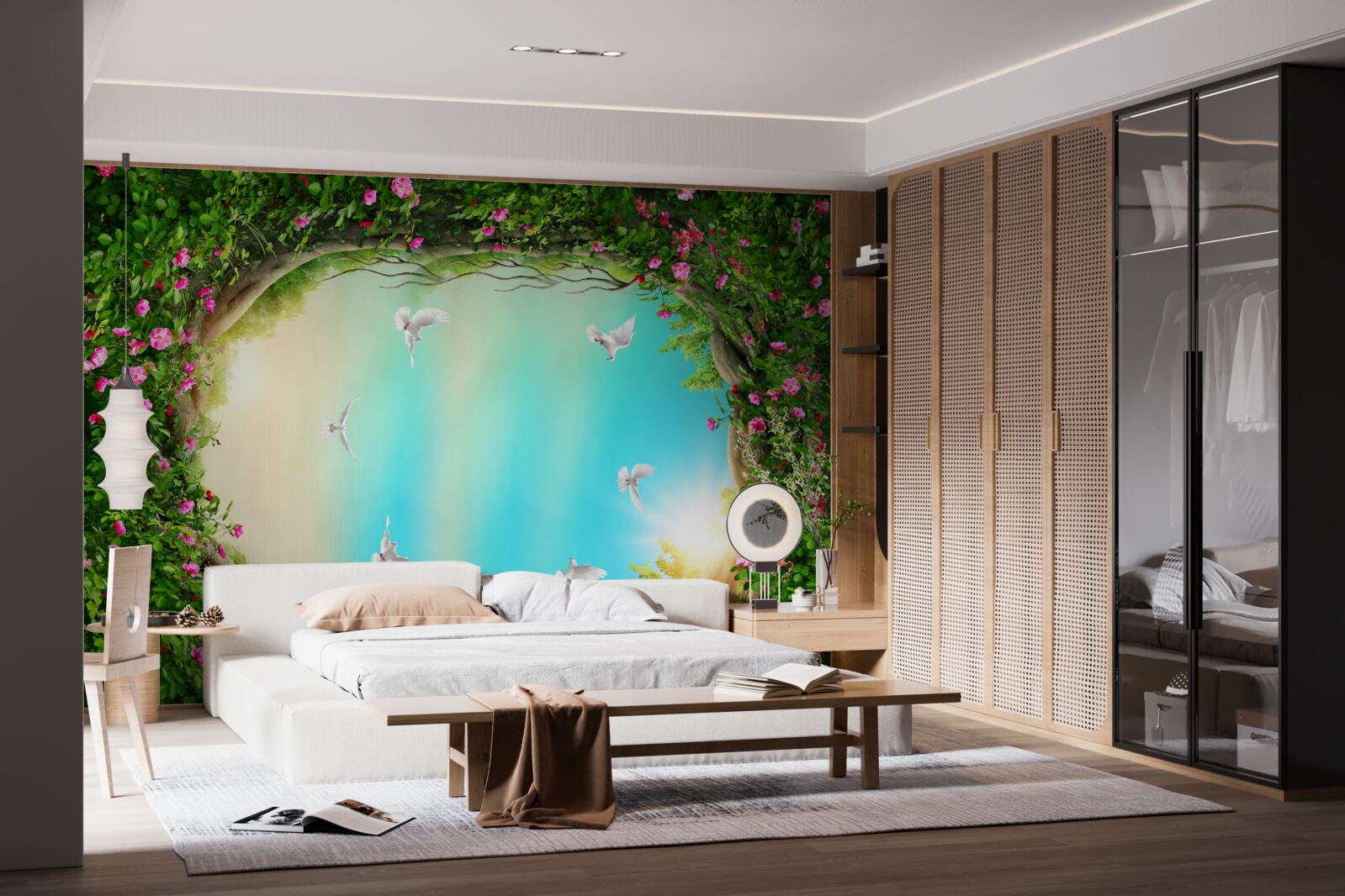 Fotobehang in een groene omlijsting van bloemen glijden duiven door de lucht