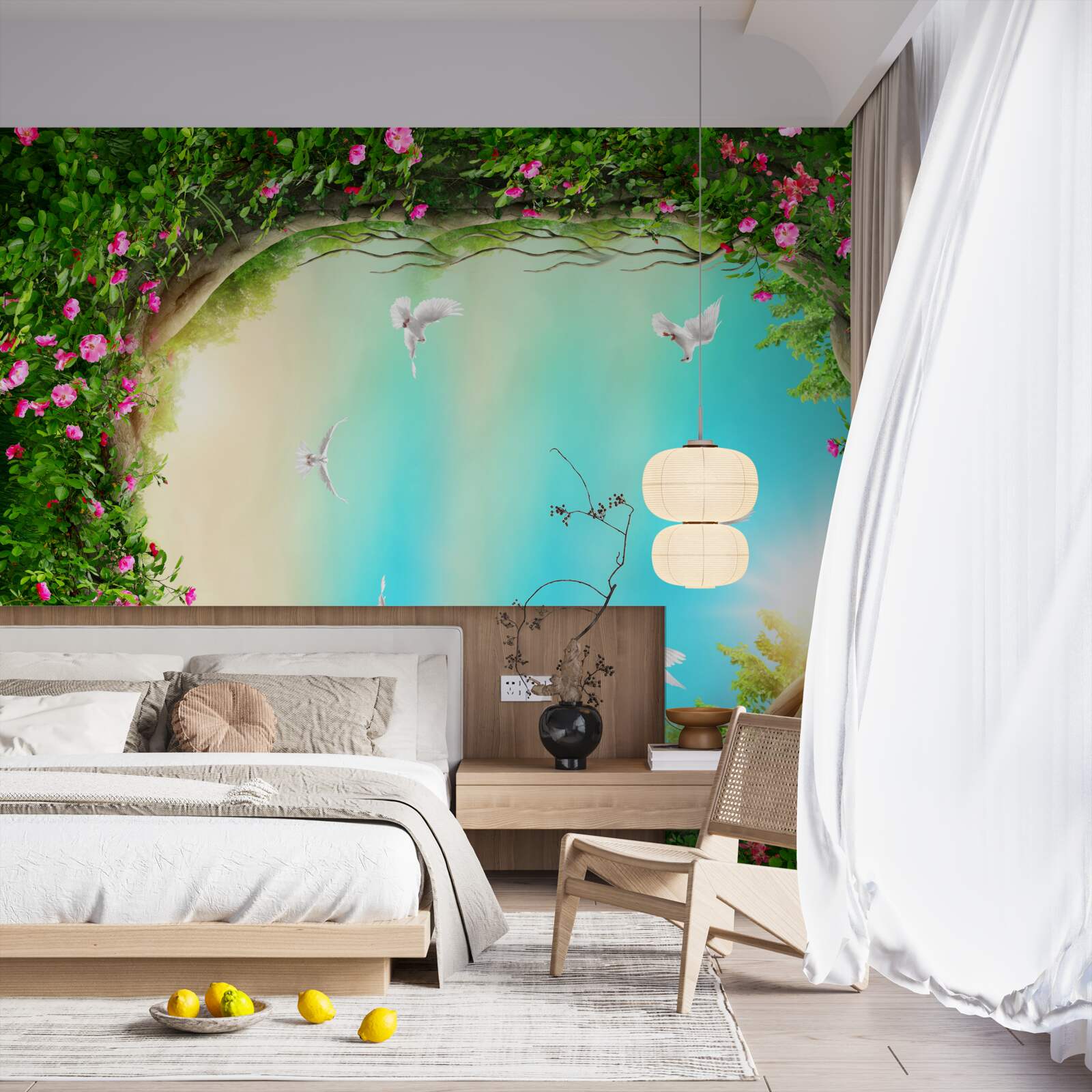 Fotobehang in een groene omlijsting van bloemen glijden duiven door de lucht