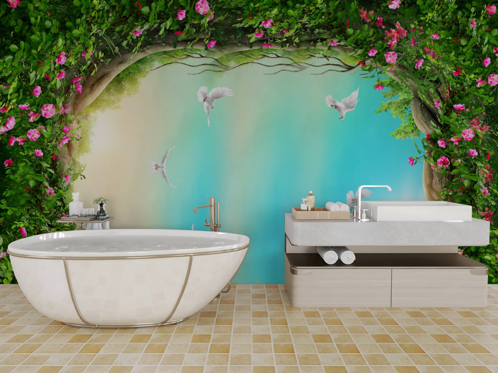 Fotobehang in een groene omlijsting van bloemen glijden duiven door de lucht