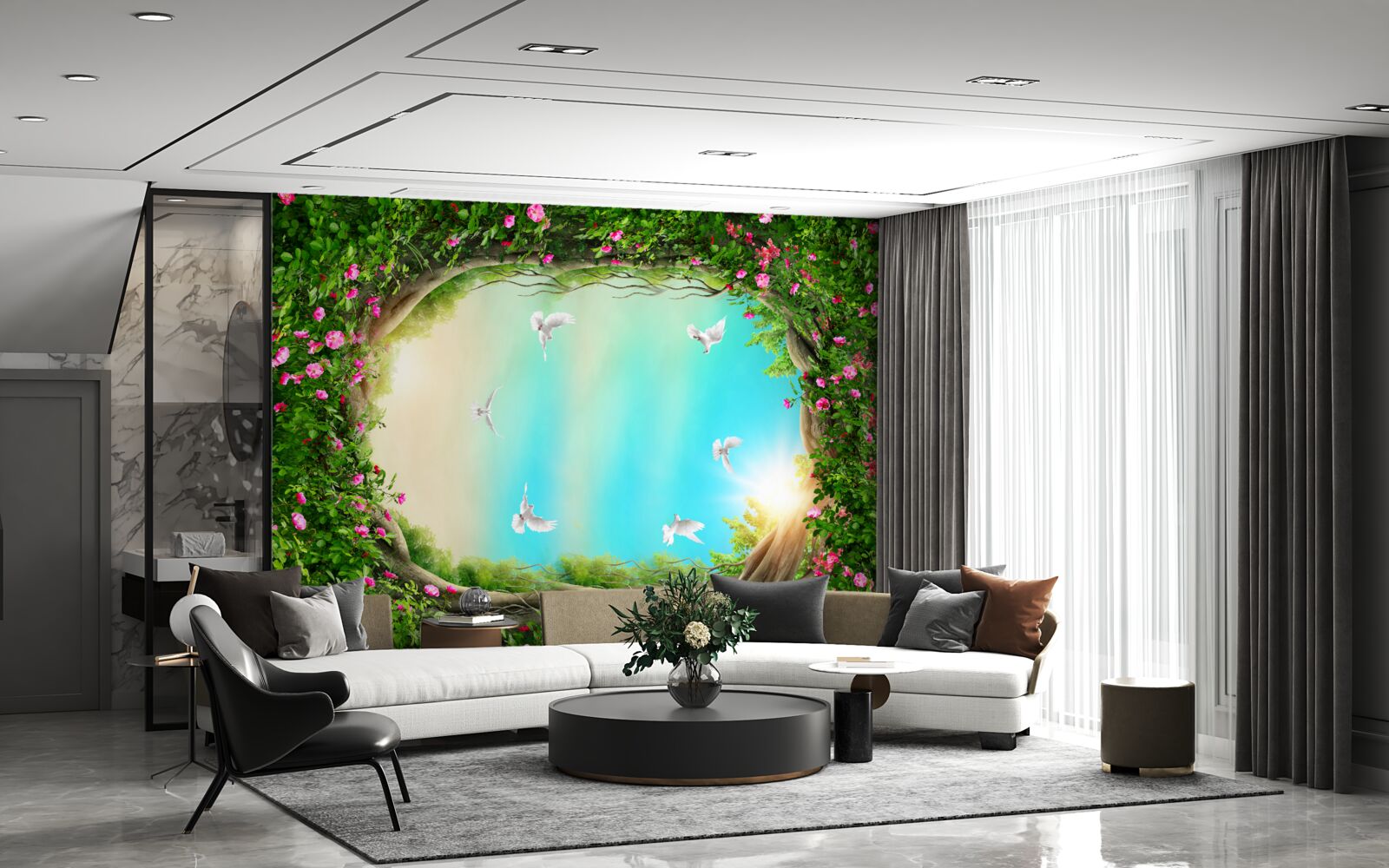 Fotobehang in een groene omlijsting van bloemen glijden duiven door de lucht