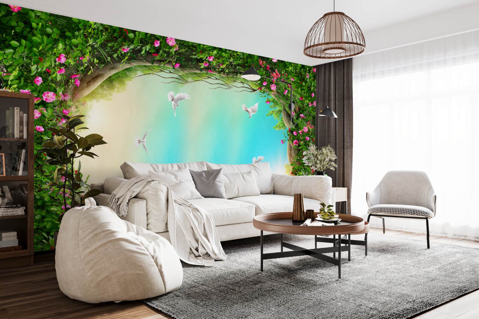 Fotobehang in een groene omlijsting van bloemen glijden duiven door de lucht