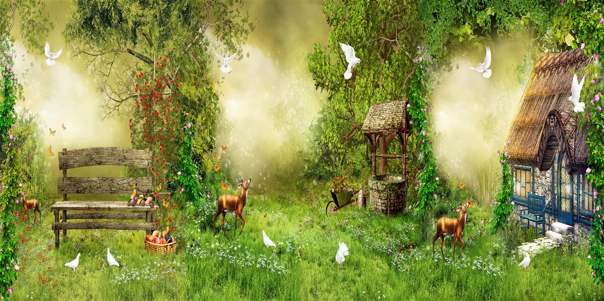 Fotobehang magisch huisje tussen de bomen