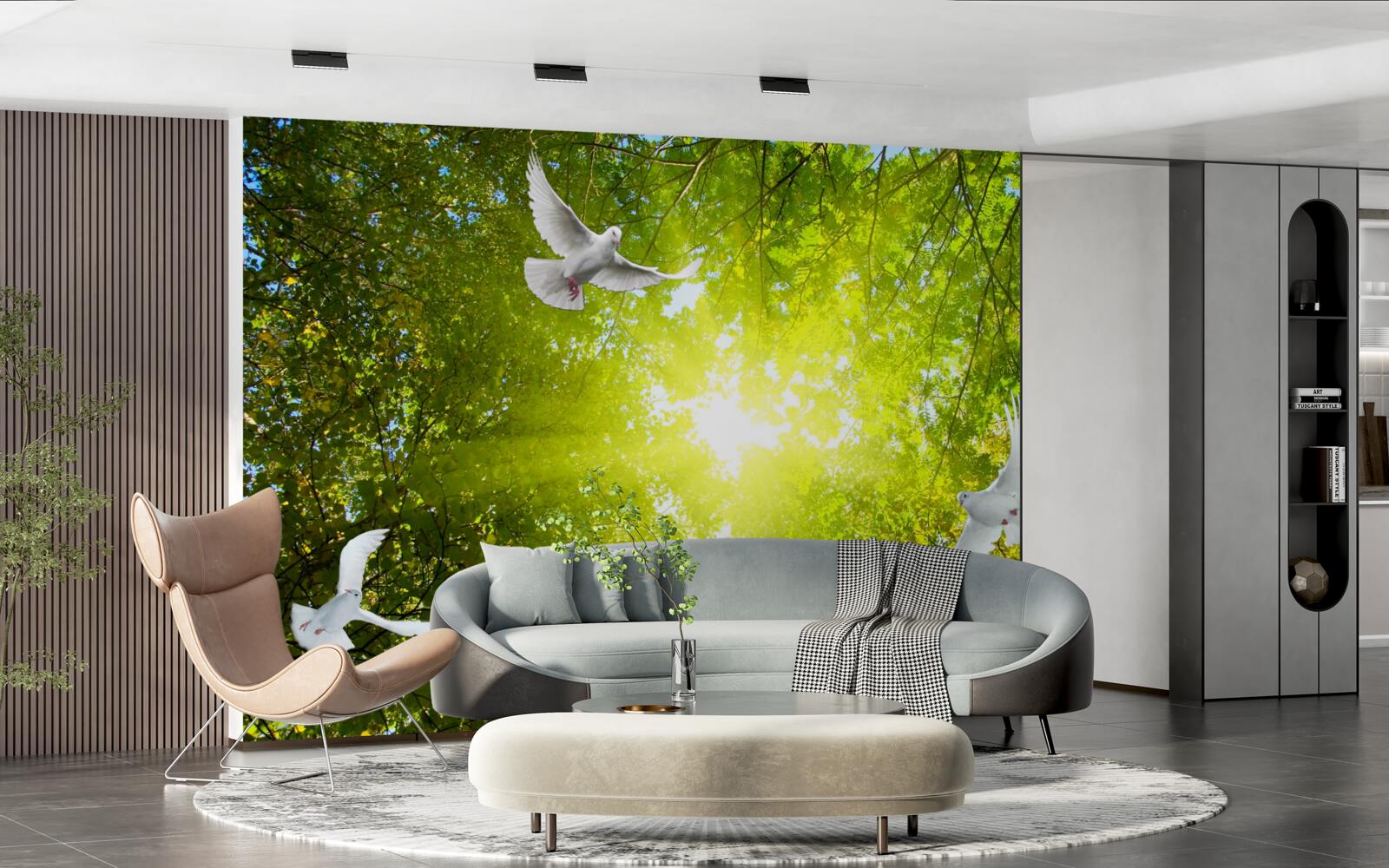 Fotobehang vogels vliegen in de diepte van het bos