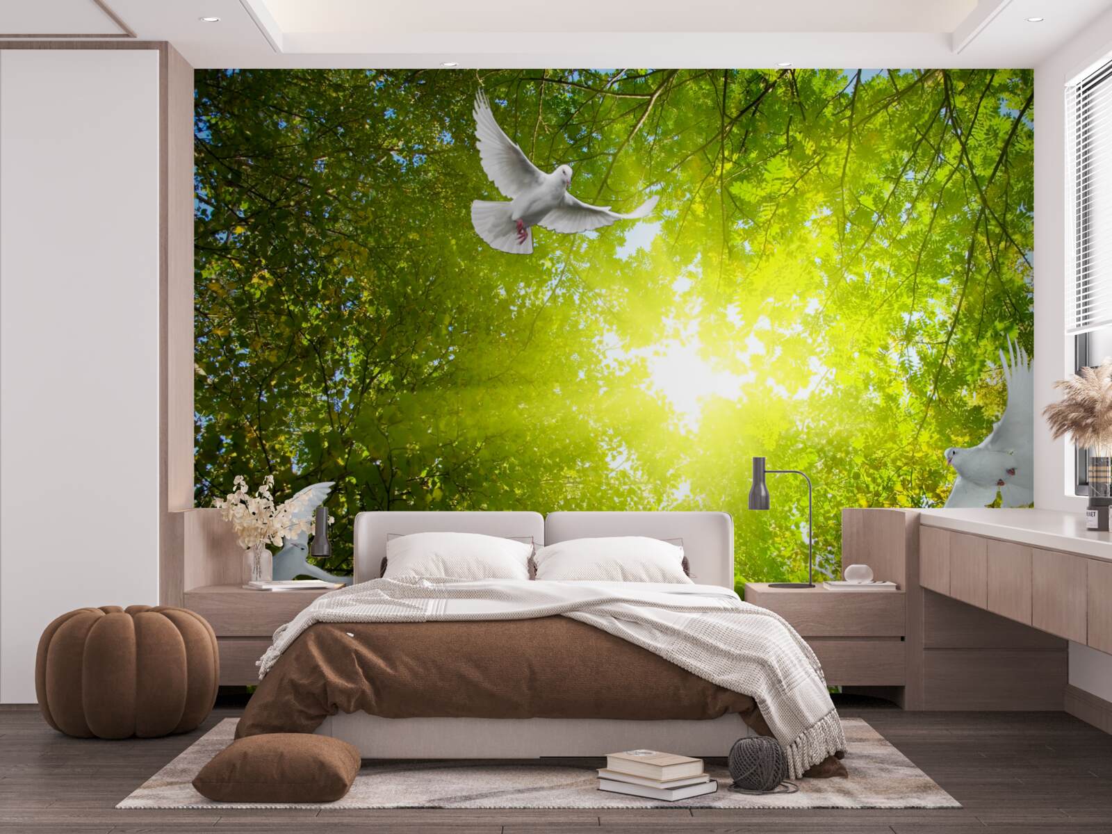 Fotobehang vogels vliegen in de diepte van het bos