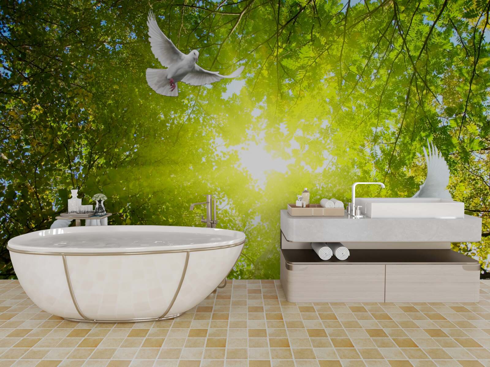 Fotobehang vogels vliegen in de diepte van het bos