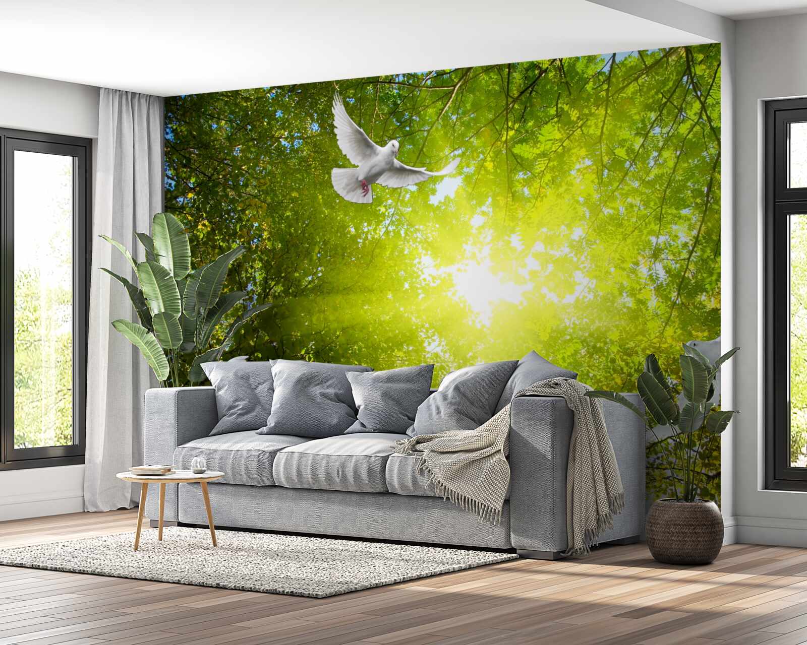 Fotobehang vogels vliegen in de diepte van het bos