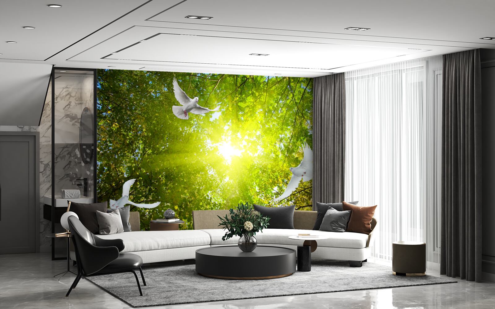 Fotobehang vogels vliegen in de diepte van het bos