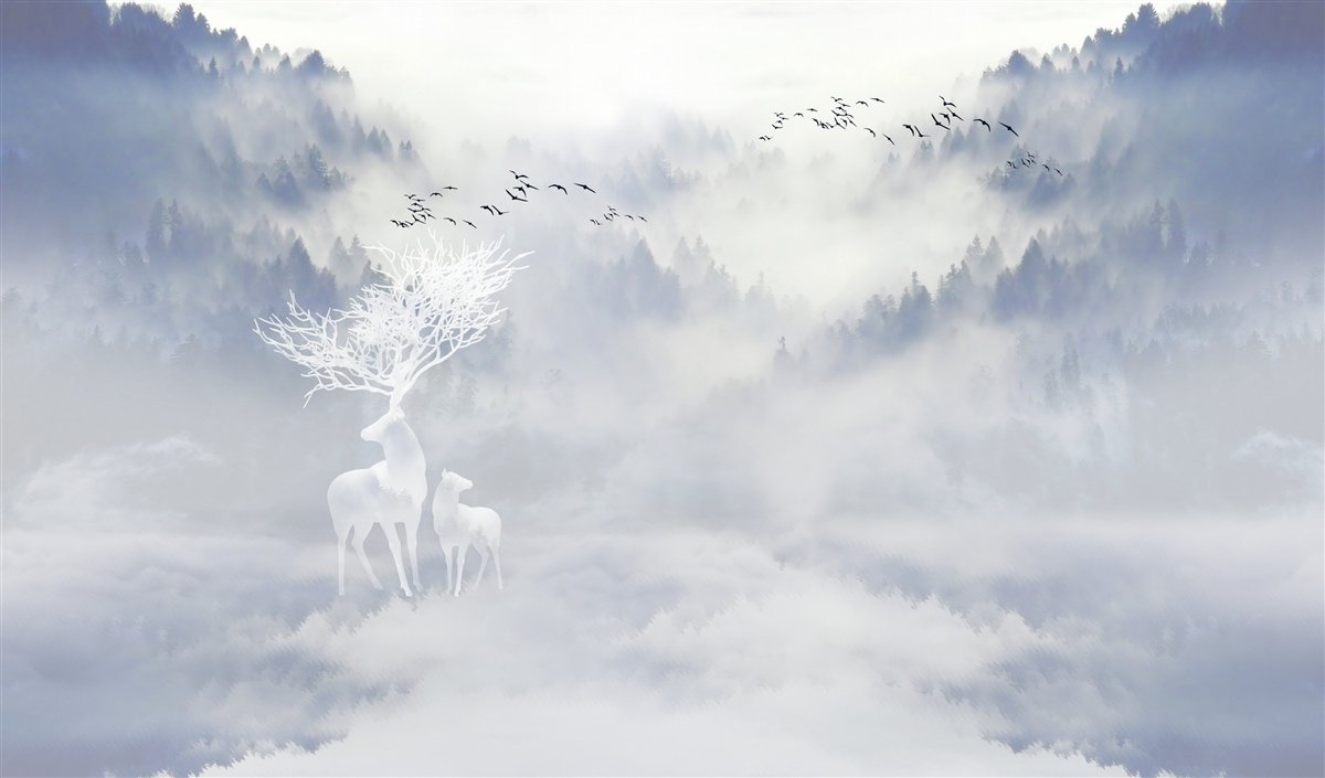 Fotobehang het mistige bos werd bewoond door een adellijke hertenfamilie