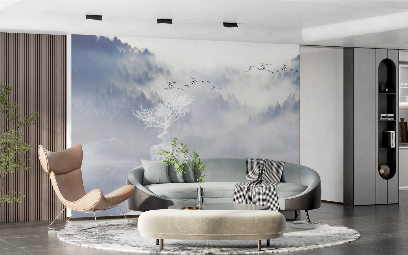 Fotobehang het mistige bos werd bewoond door een adellijke hertenfamilie