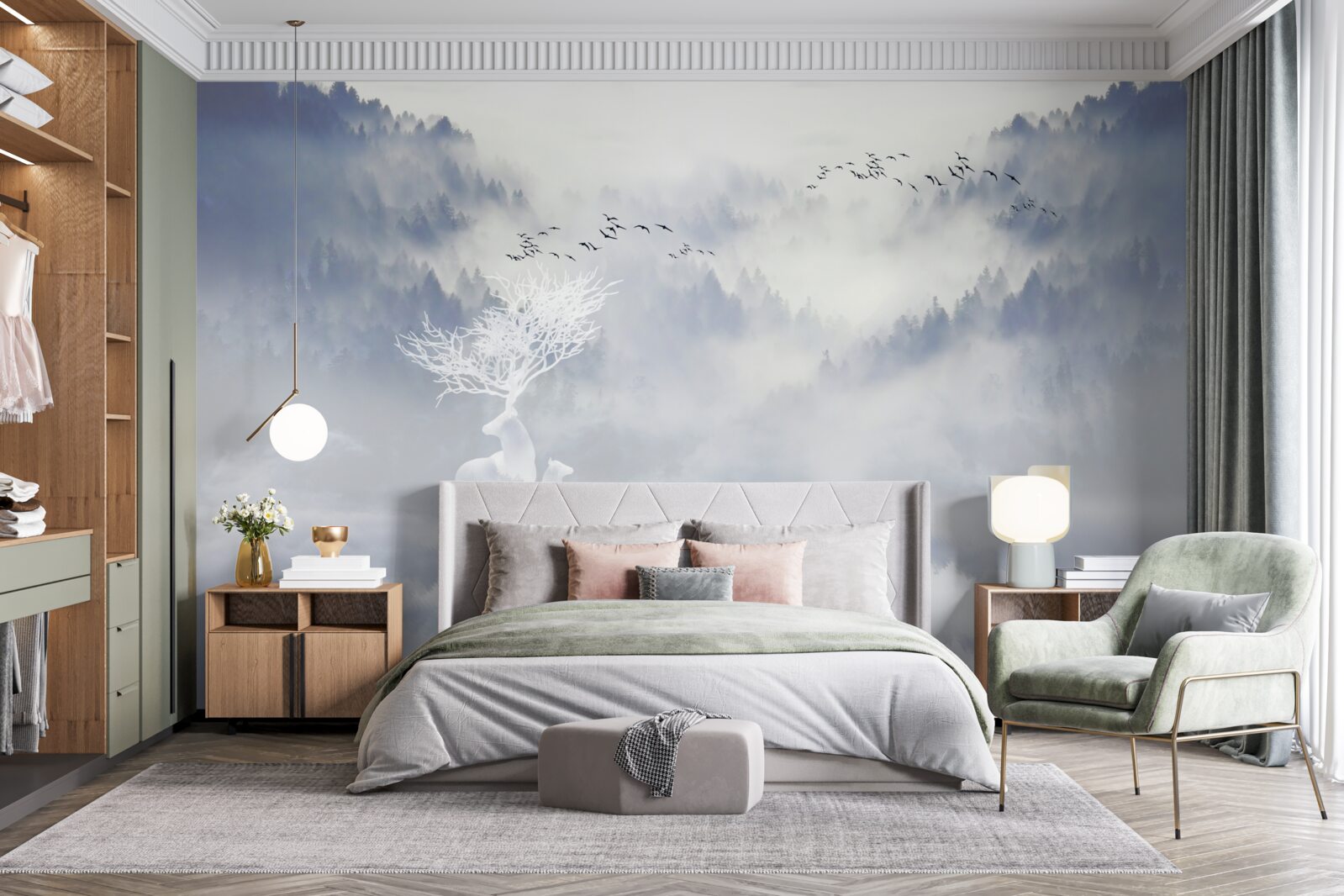 Fotobehang het mistige bos werd bewoond door een adellijke hertenfamilie