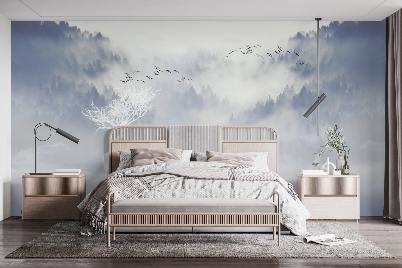 Fotobehang het mistige bos werd bewoond door een adellijke hertenfamilie