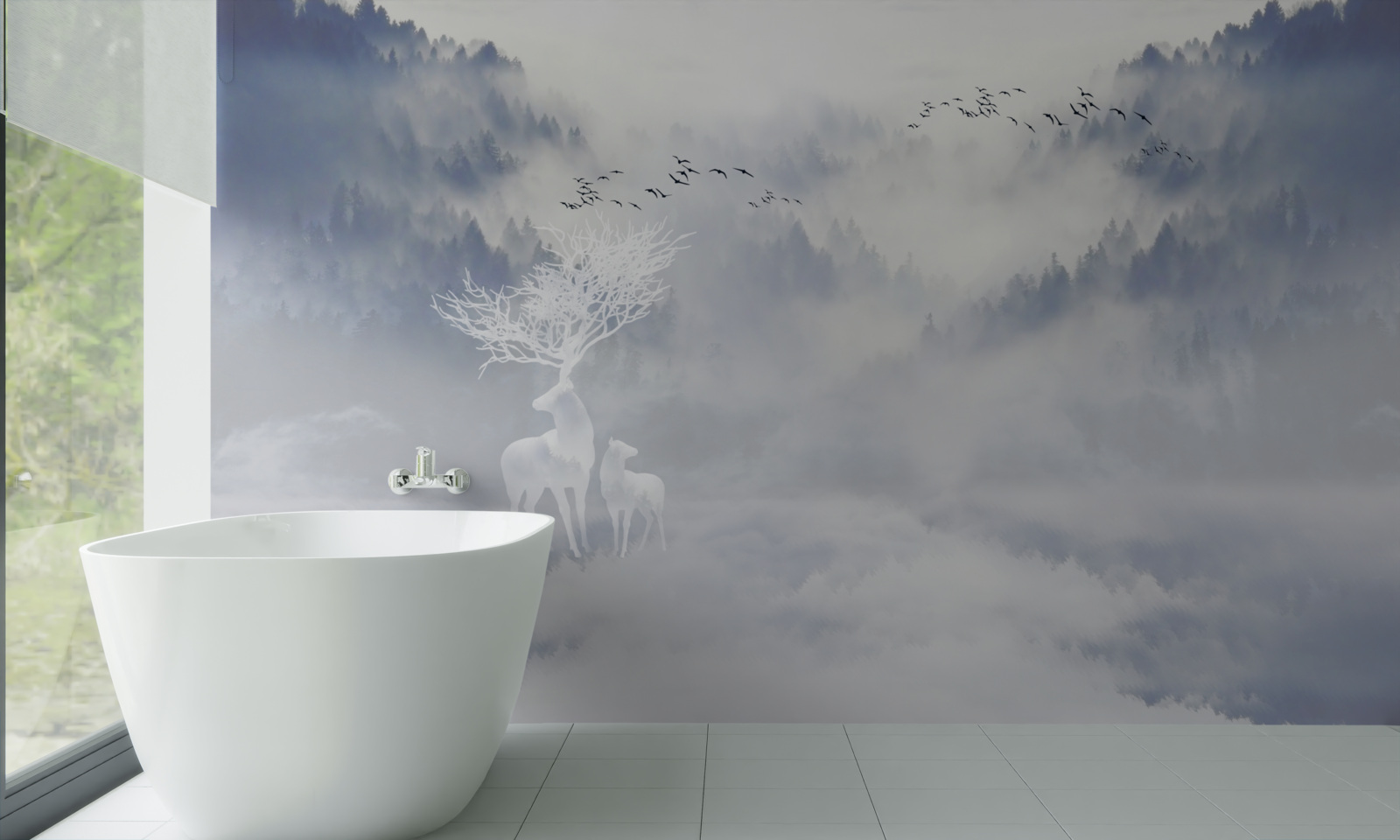 Fotobehang het mistige bos werd bewoond door een adellijke hertenfamilie