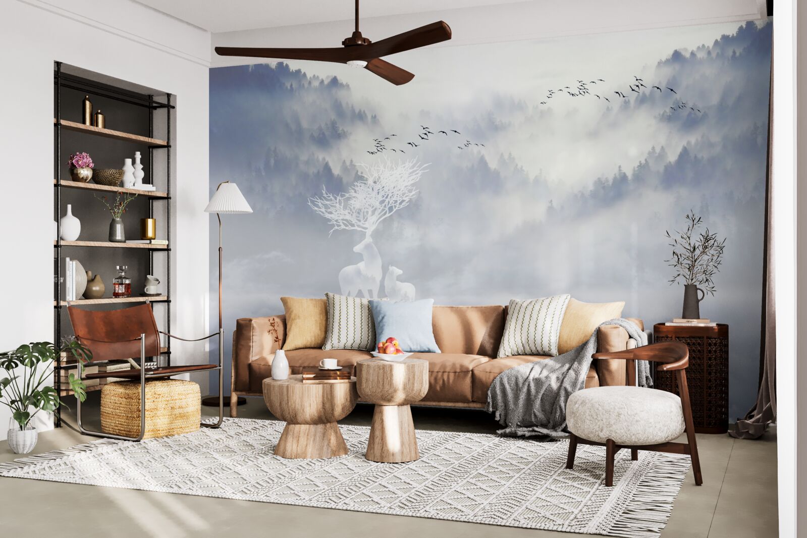 Fotobehang het mistige bos werd bewoond door een adellijke hertenfamilie