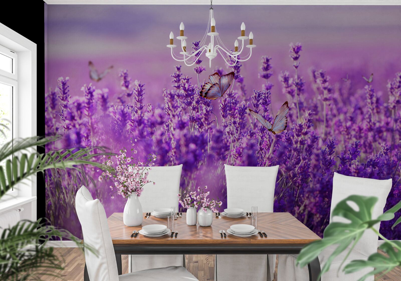 Fotobehang lavendelkleur van sering en vlinder