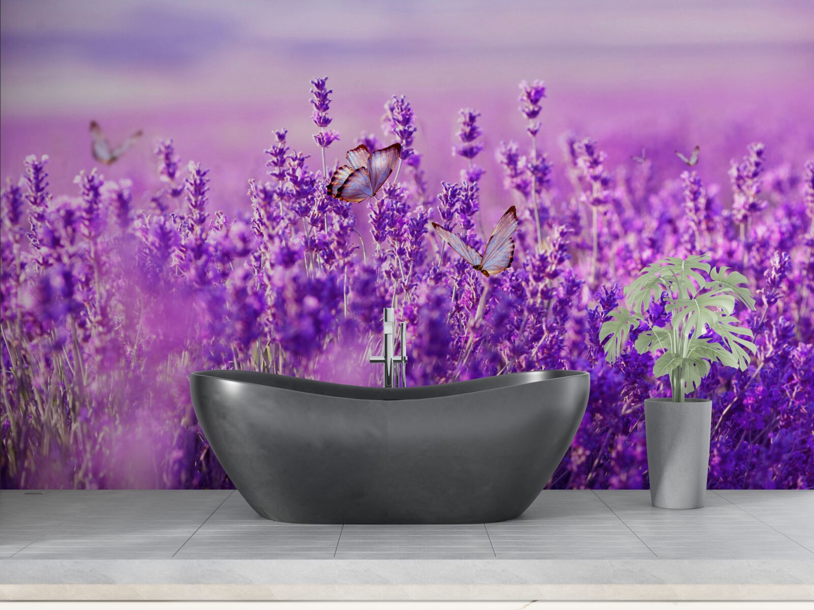 Fotobehang lavendelkleur van sering en vlinder