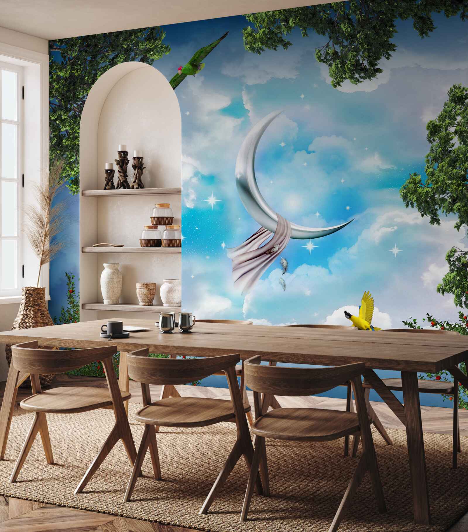 Fotobehang vanuit het bos kun je de maan zien als een sprookje