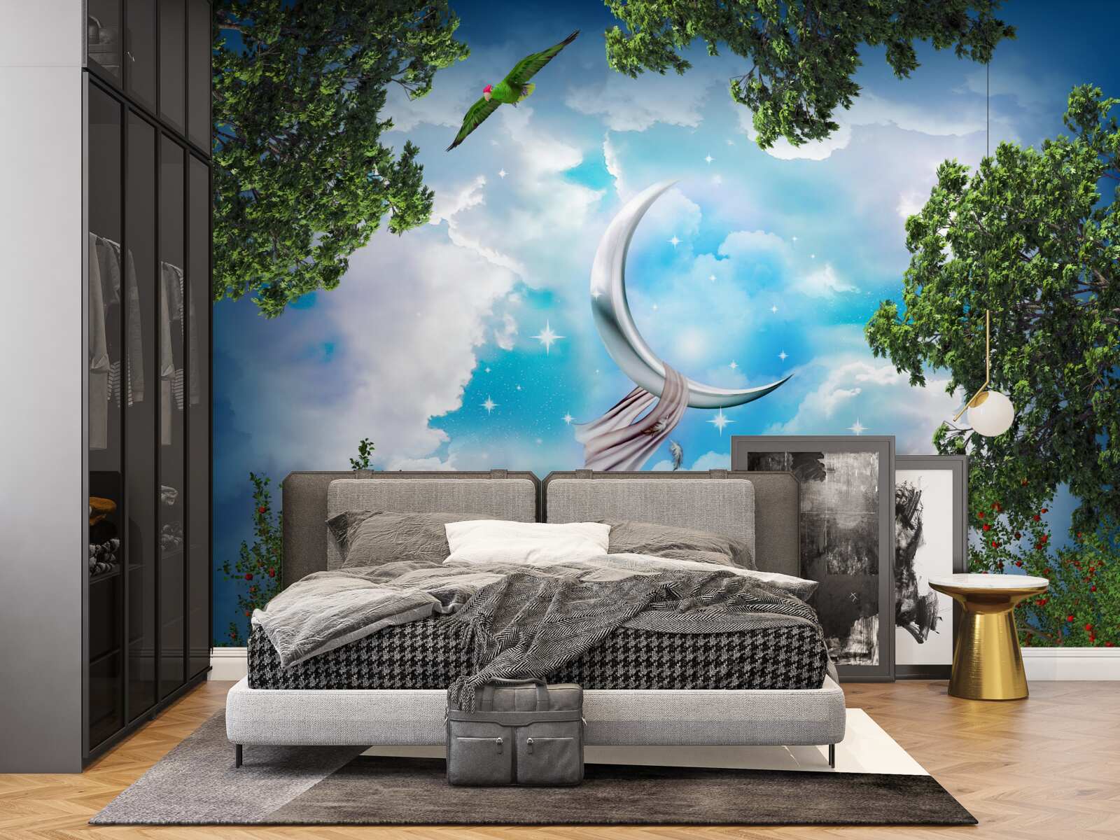 Fotobehang vanuit het bos kun je de maan zien als een sprookje