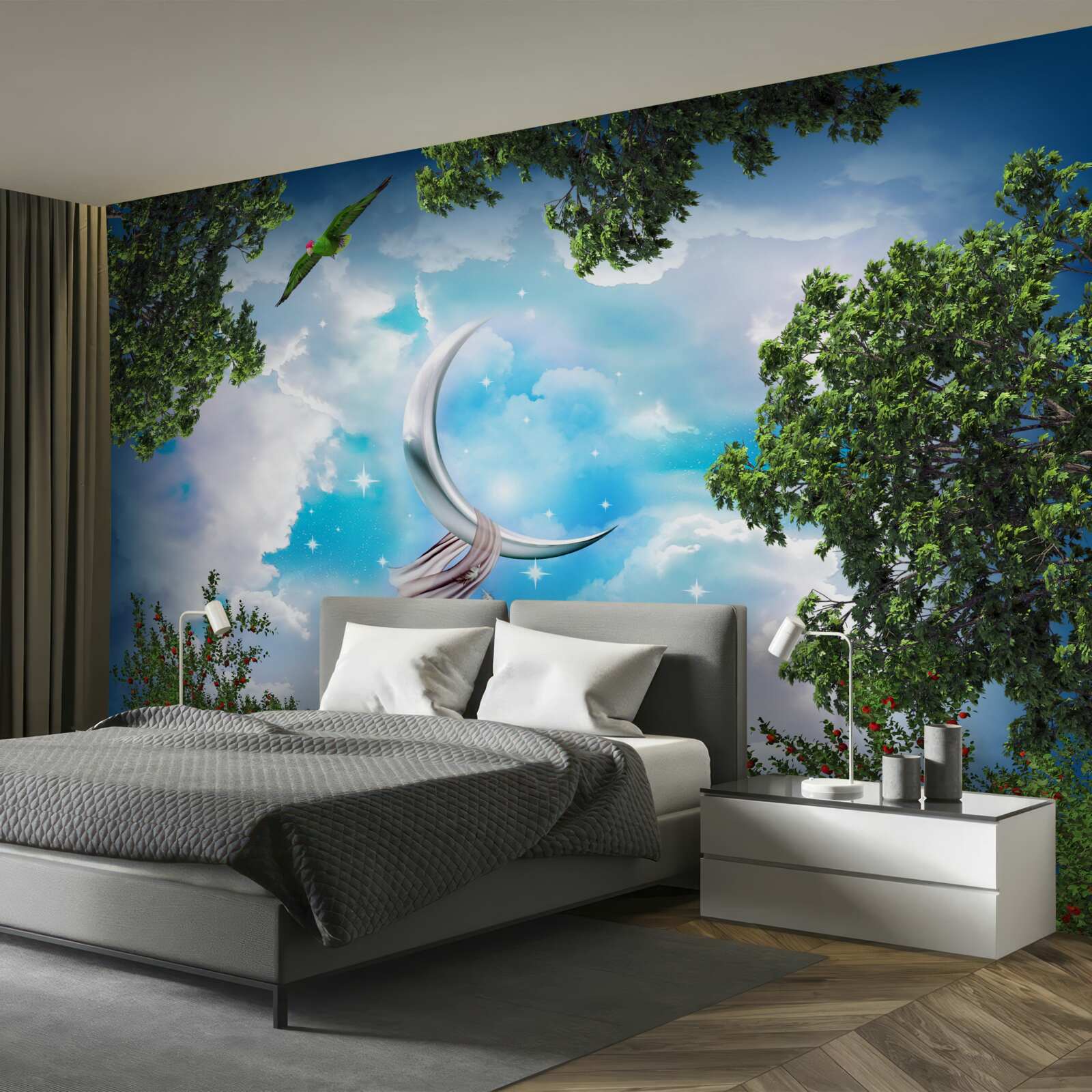 Fotobehang vanuit het bos kun je de maan zien als een sprookje