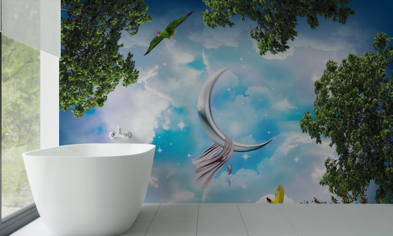 Fotobehang vanuit het bos kun je de maan zien als een sprookje