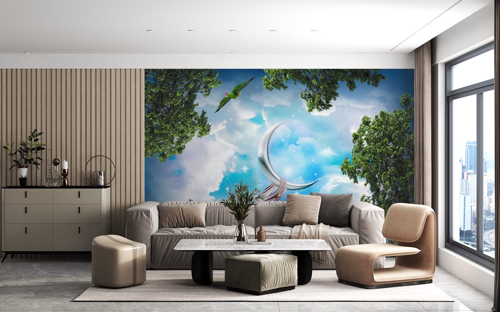 Fotobehang vanuit het bos kun je de maan zien als een sprookje