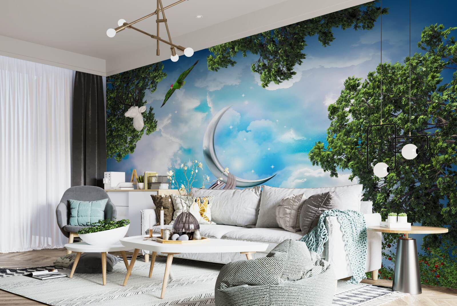 Fotobehang vanuit het bos kun je de maan zien als een sprookje