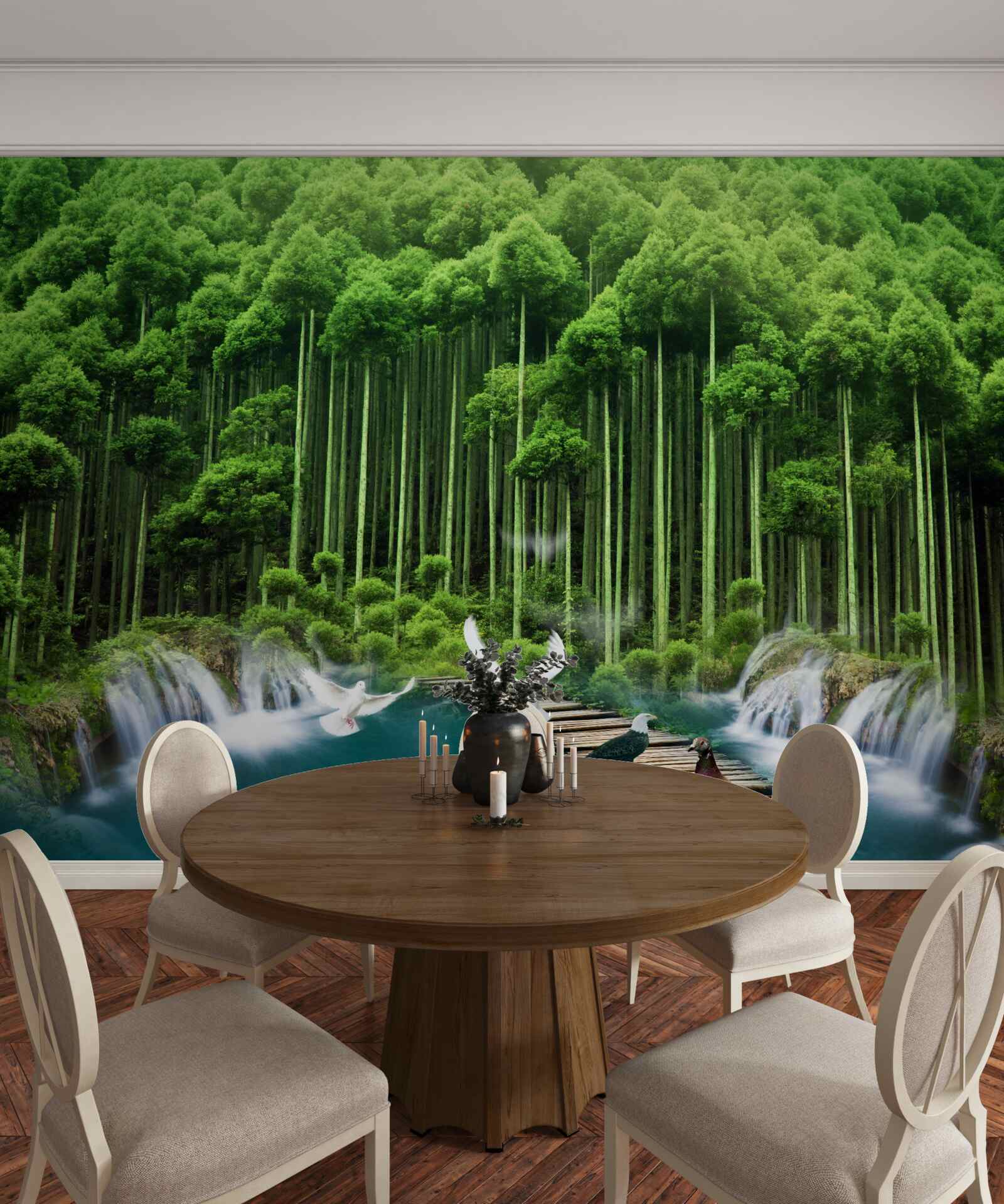 Fotobehang een drinkplaats in een groen struikgewas waar vogels zich hebben verzameld