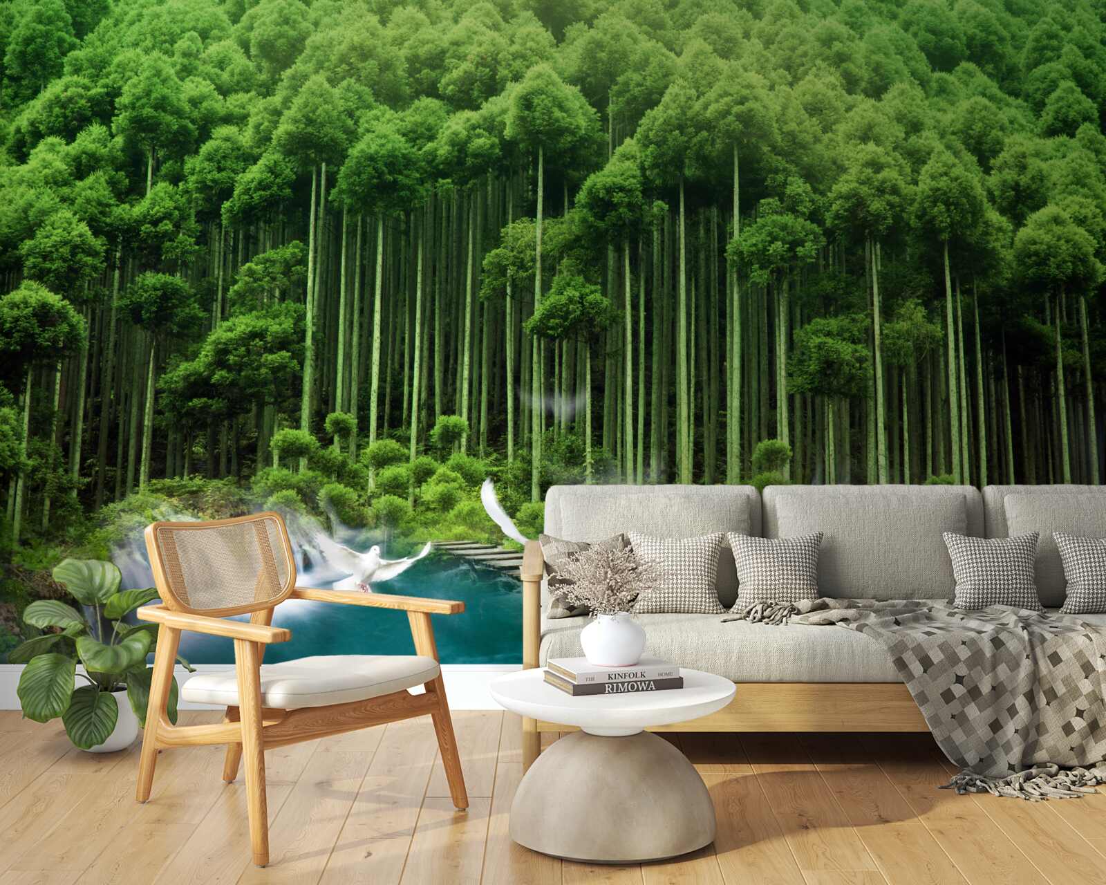 Fotobehang een drinkplaats in een groen struikgewas waar vogels zich hebben verzameld