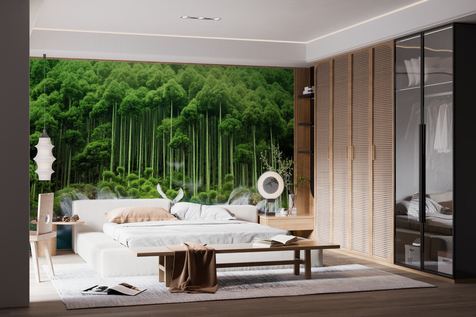 Fotobehang een drinkplaats in een groen struikgewas waar vogels zich hebben verzameld