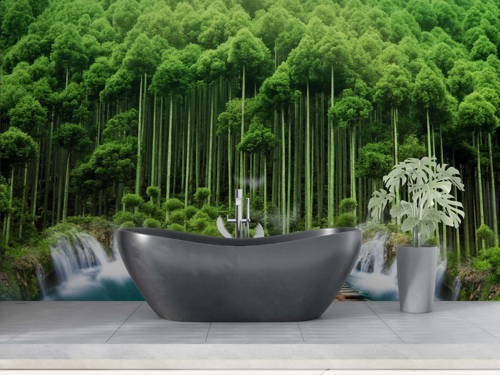 Fotobehang een drinkplaats in een groen struikgewas waar vogels zich hebben verzameld