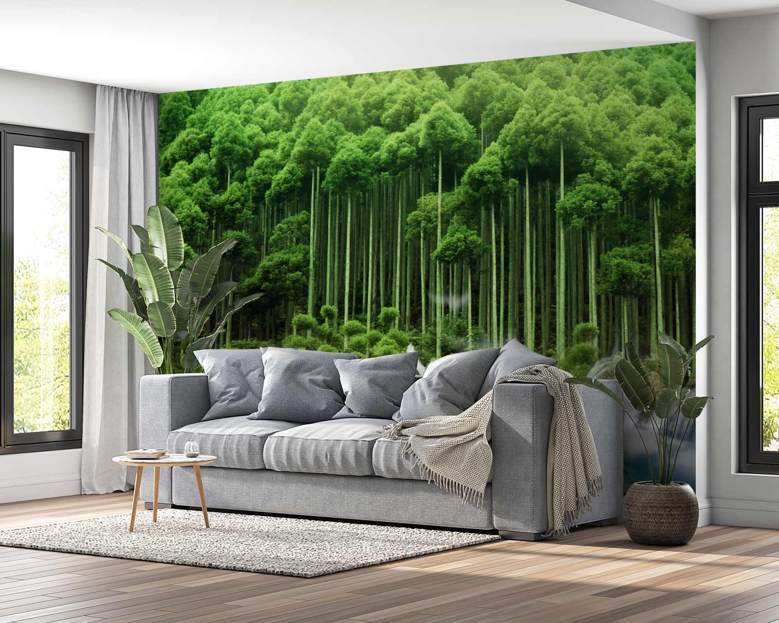 Fotobehang een drinkplaats in een groen struikgewas waar vogels zich hebben verzameld