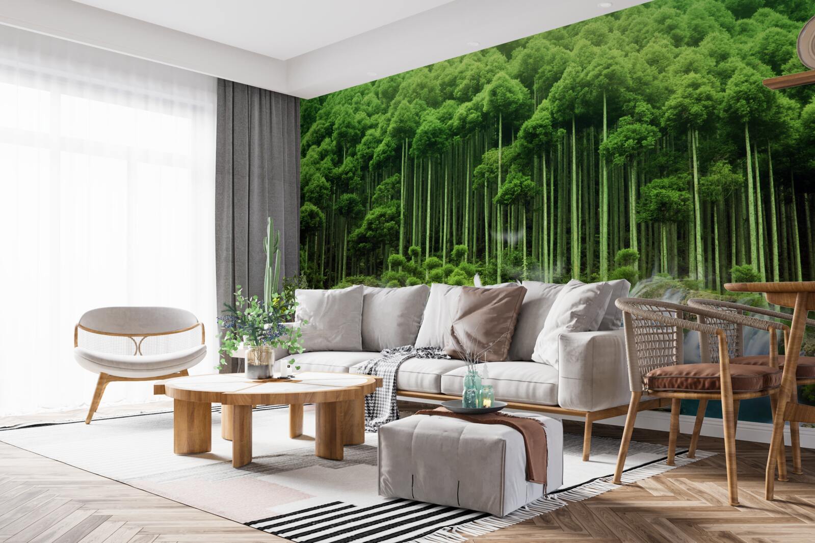 Fotobehang een drinkplaats in een groen struikgewas waar vogels zich hebben verzameld