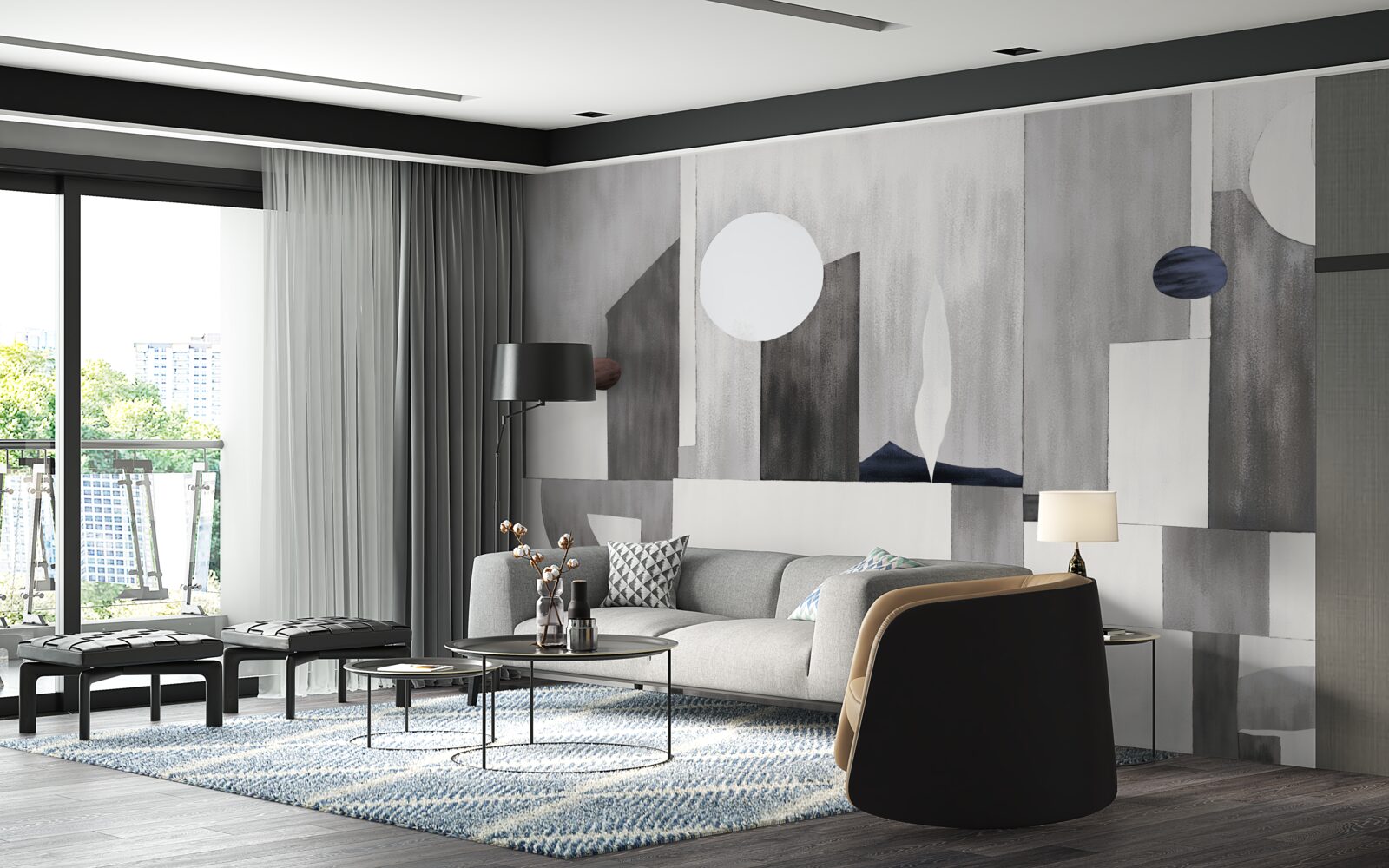 Fotobehang de stad ontwaakt onder de opkomende zon