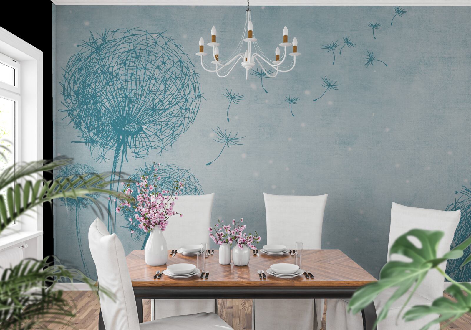 Fotobehang paardebloemen vliegen in de lucht