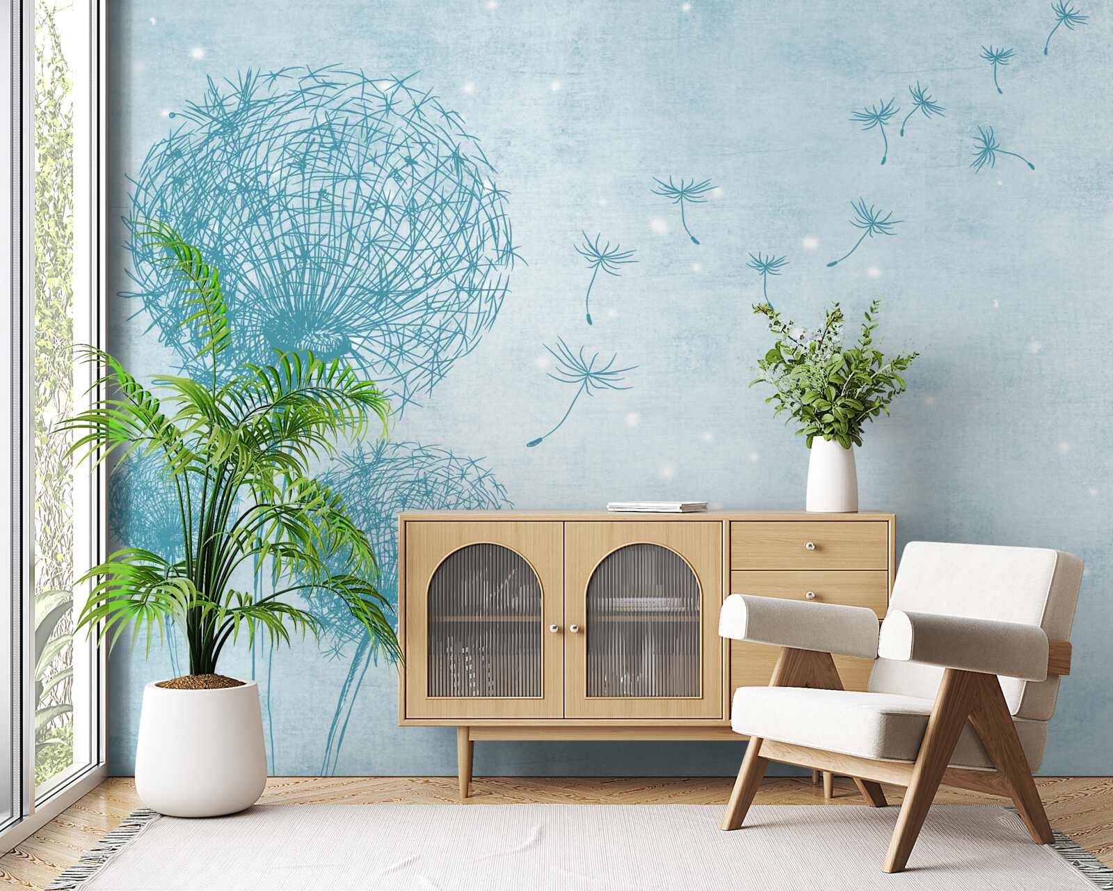 Fotobehang paardebloemen vliegen in de lucht