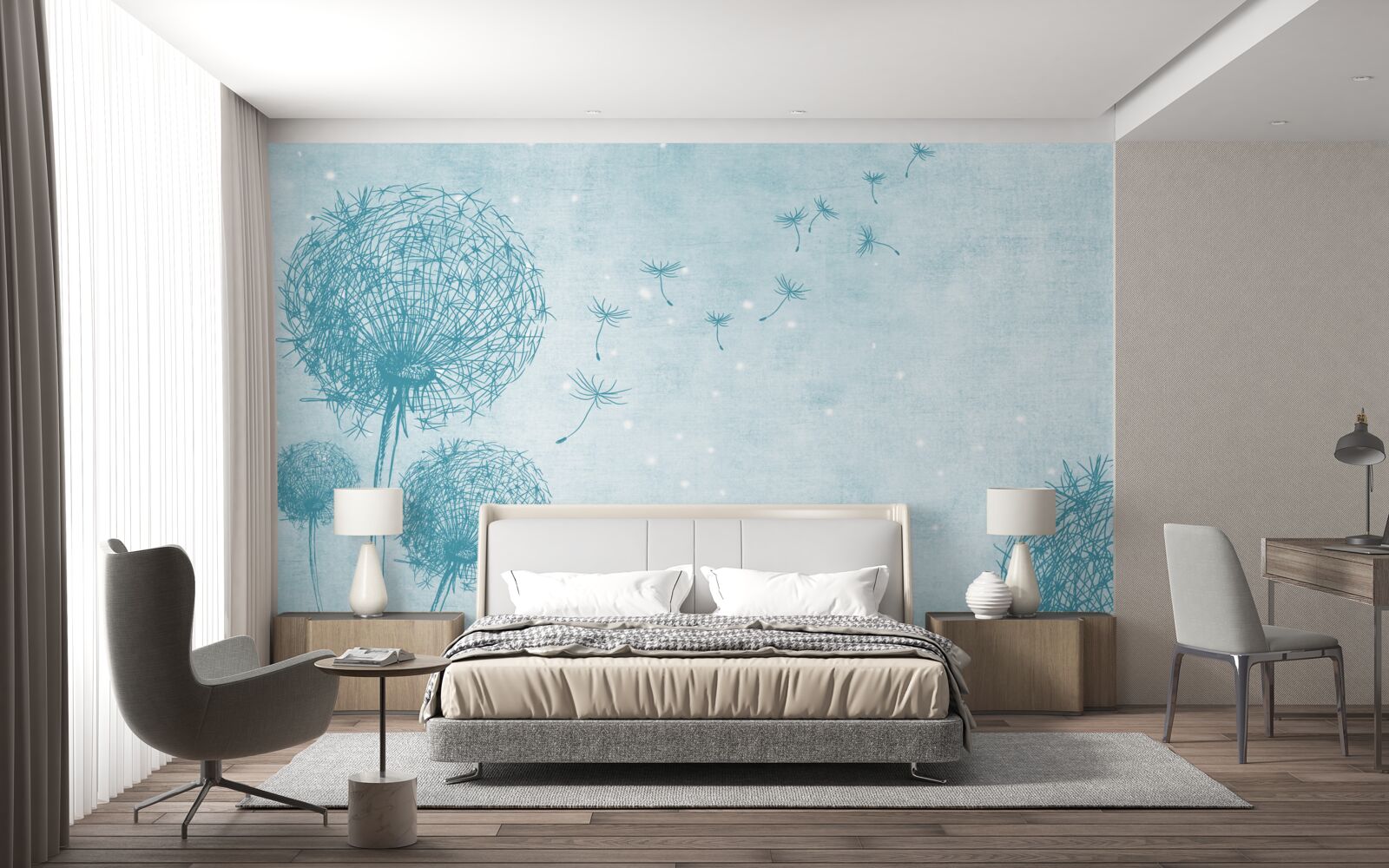 Fotobehang paardebloemen vliegen in de lucht