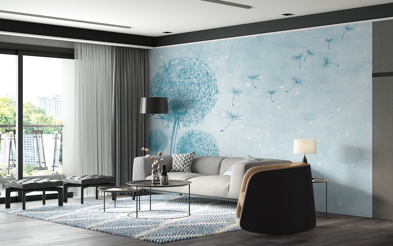 Fotobehang paardebloemen vliegen in de lucht