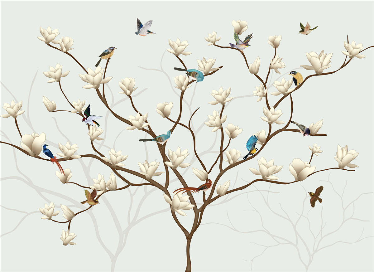 Fotobehang de magnolia is wit van kleur en wordt bewoond door een verscheidenheid aan vogels