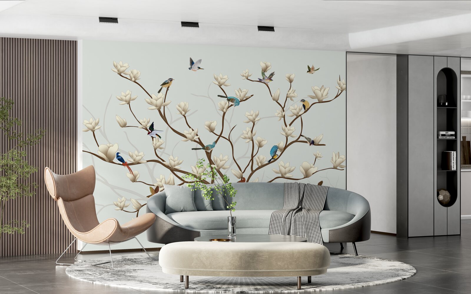 Fotobehang de magnolia is wit van kleur en wordt bewoond door een verscheidenheid aan vogels