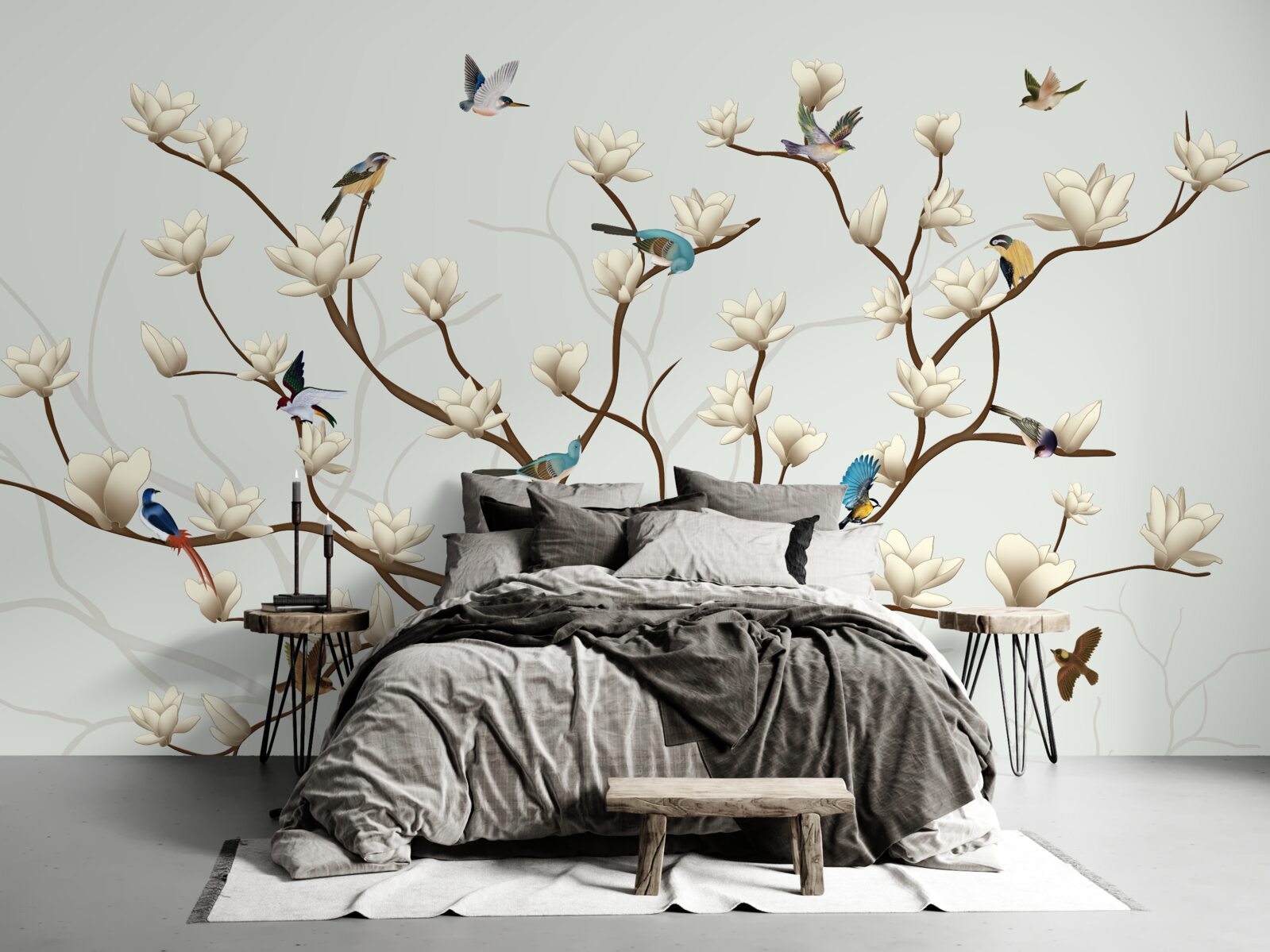 Fotobehang de magnolia is wit van kleur en wordt bewoond door een verscheidenheid aan vogels