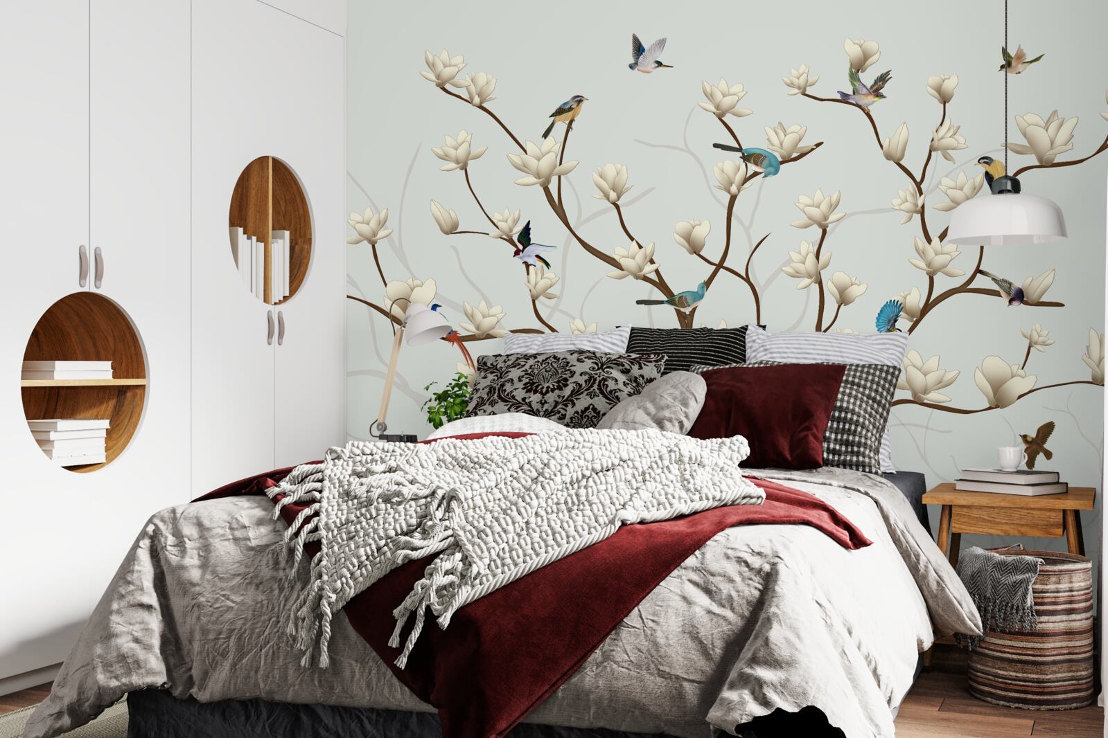 Fotobehang de magnolia is wit van kleur en wordt bewoond door een verscheidenheid aan vogels