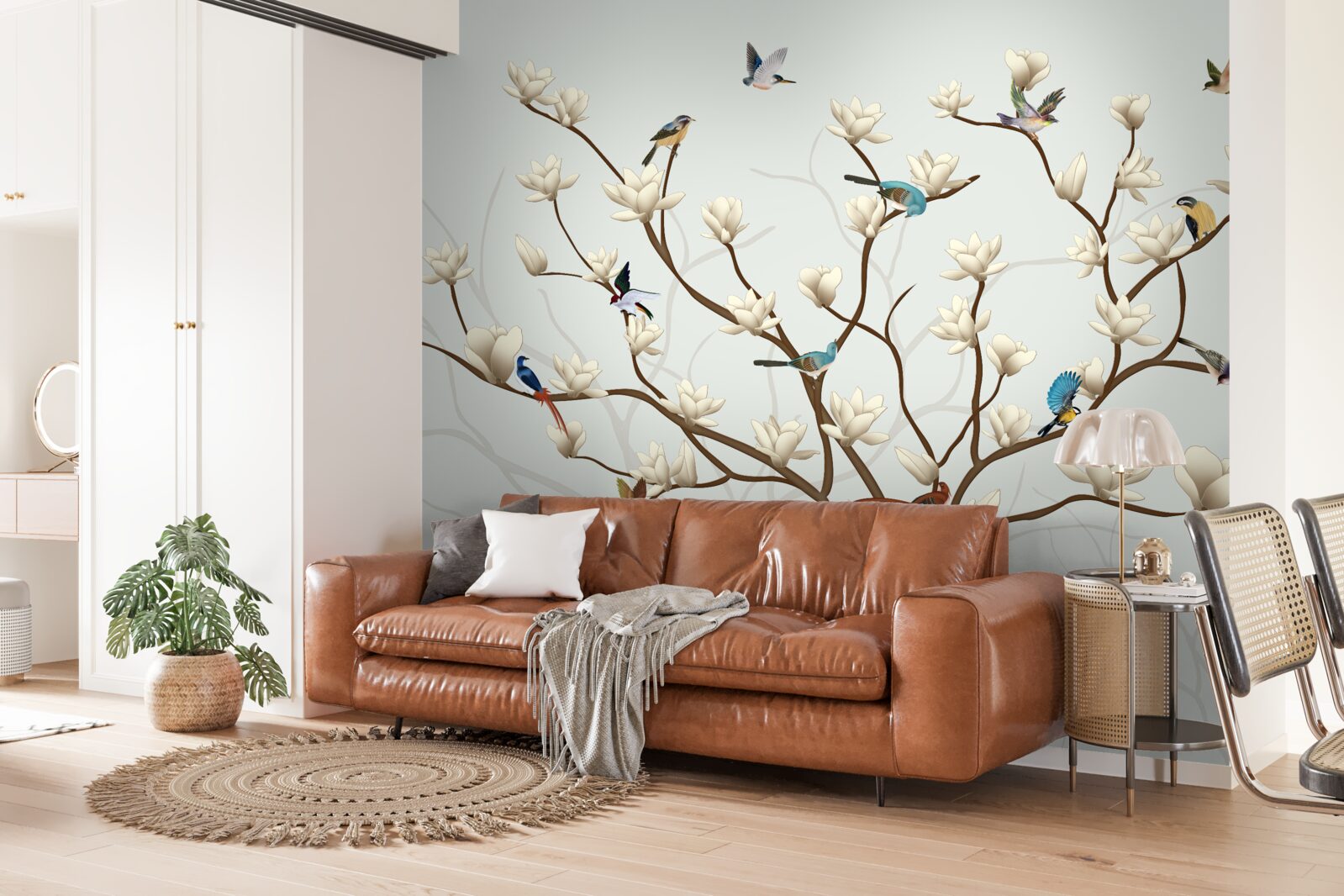 Fotobehang de magnolia is wit van kleur en wordt bewoond door een verscheidenheid aan vogels