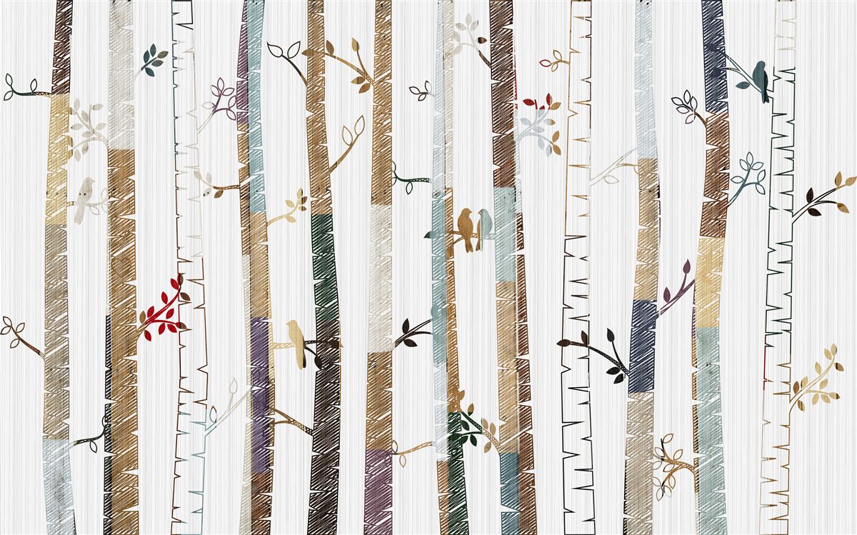 Fotobehang illustratie van sierlijke berkenbomen in kleur