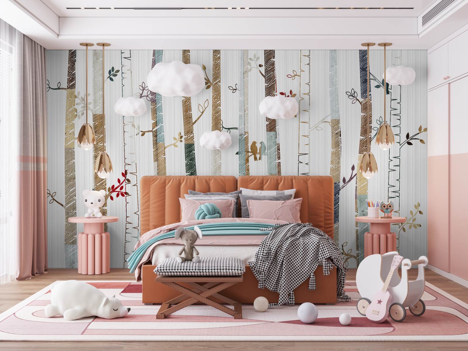 Fotobehang illustratie van sierlijke berkenbomen in kleur