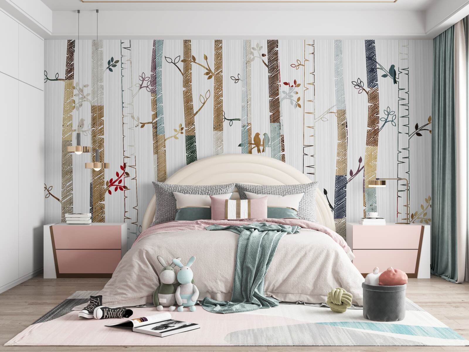 Fotobehang illustratie van sierlijke berkenbomen in kleur