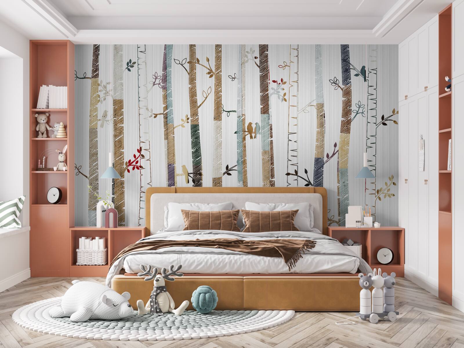 Fotobehang illustratie van sierlijke berkenbomen in kleur