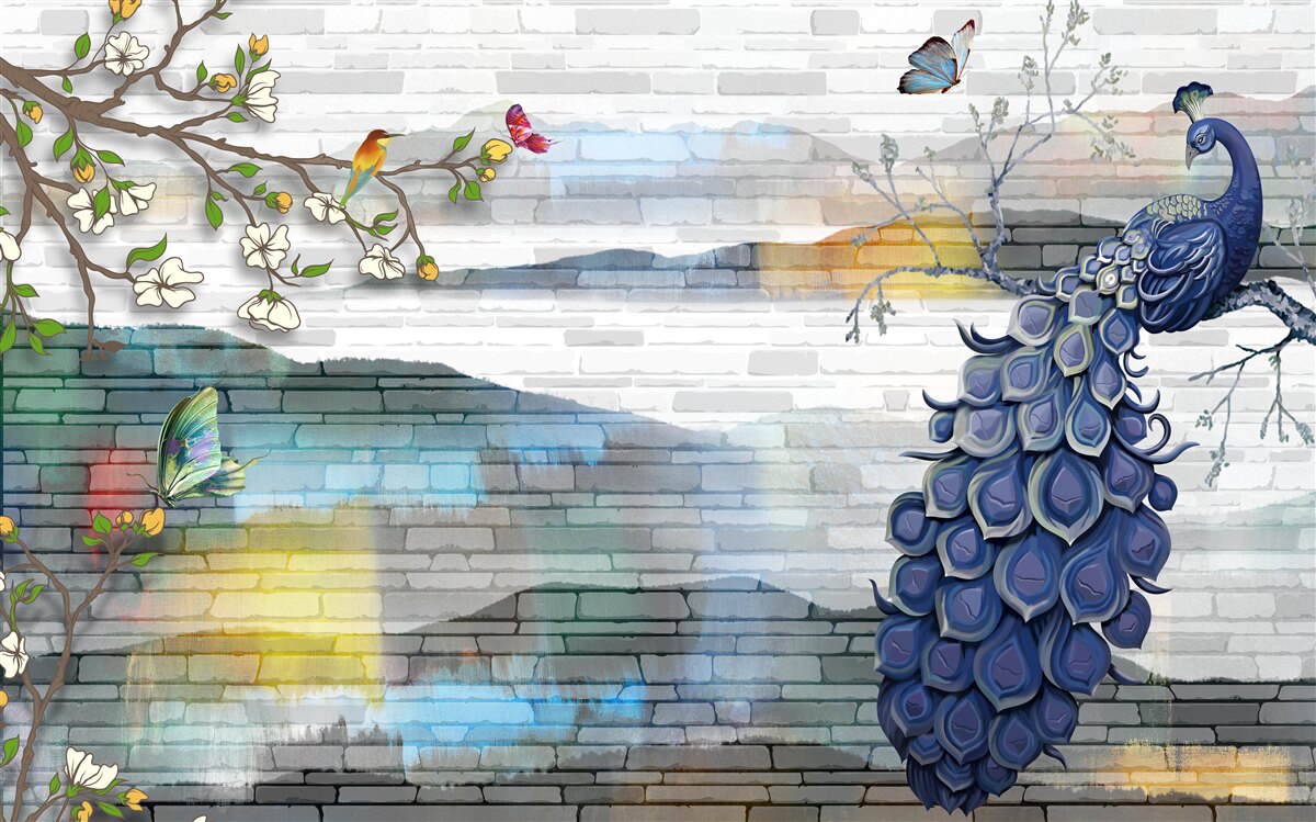 Fotobehang abstractie van pauw- en jasmijntakken