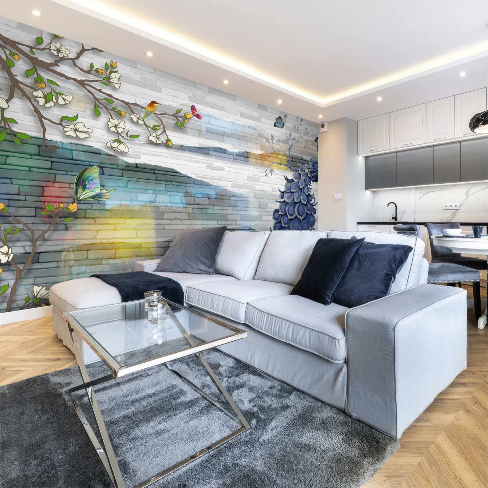 Fotobehang abstractie van pauw- en jasmijntakken