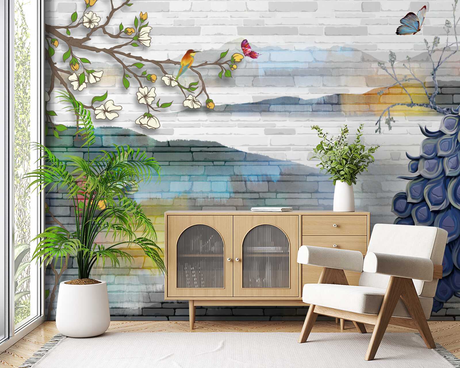 Fotobehang abstractie van pauw- en jasmijntakken